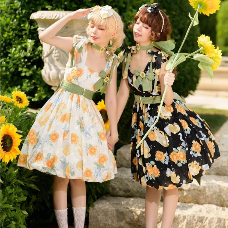 

Kawaii Lolita Jsk Dress Women 2025 Sweet Sunflower Print Ruffles Princess Sling Dresses Girls Sleeveless Party Mini Sundresses