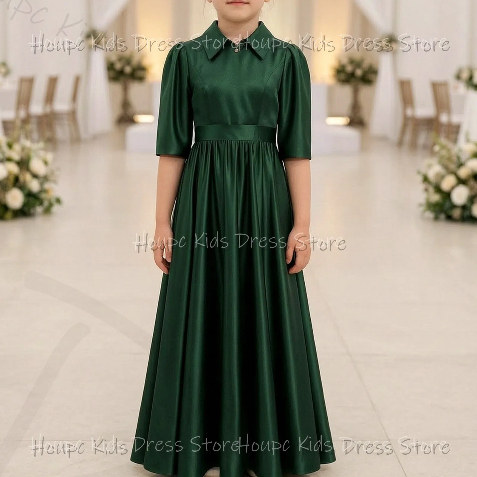 Elegant Satin Collar Puff Sleeve Floor-Length Formal Dress Wedding Birthday Party Custom Flower Girl Dresses Evening Party