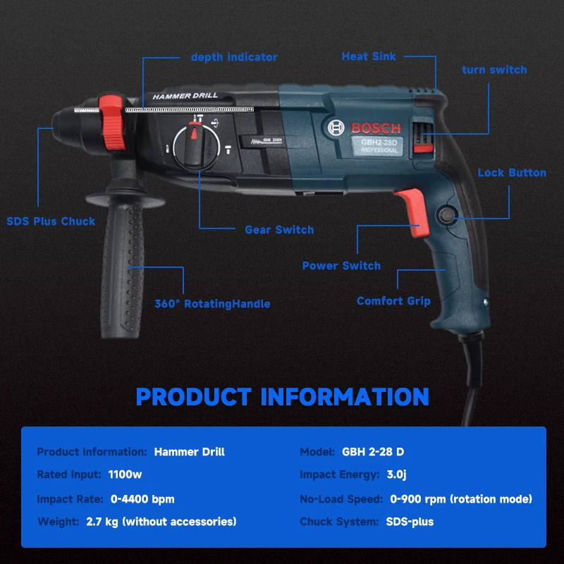 Bor Palu Putar Bosch GBH2-28 Serbaguna, Daya 800W, Sistem SDS-Plus, untuk Pengeboran pada Pekerjaan Beton dan Bata