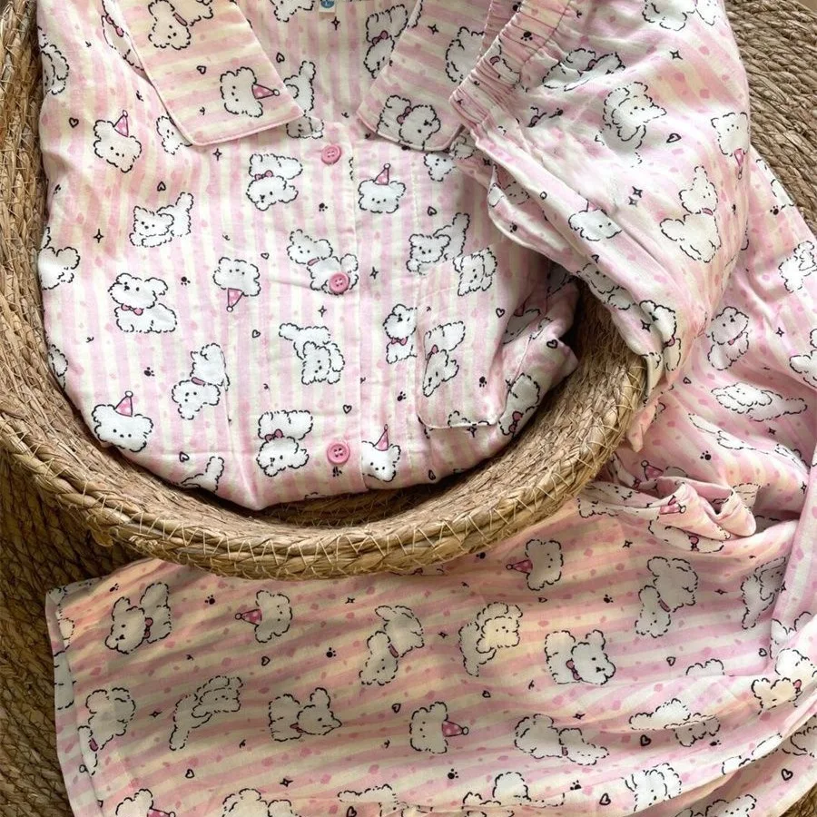 Cute Cartoon Dog Hello Kitty Pajamas Set for Women Girls Long Sleeve Sleepwear Home Clothescomfortable Loungewear Nightgown