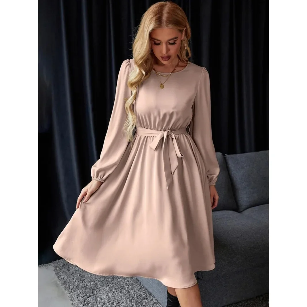 Women's Summer Lantern Sleeve Keyhole Back Lace-up Satin Dress Solid Color Long Sleeve Patchwork Oversized Swing Dress Vestido