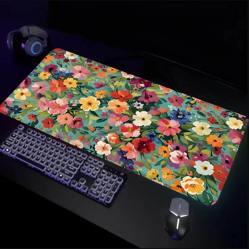 Color Flower Pattern Mouse Pad Large Desk Pad Non-Slip Natural Rubber Stitched Edge Computer Mats for Desktop Gifts for Friends