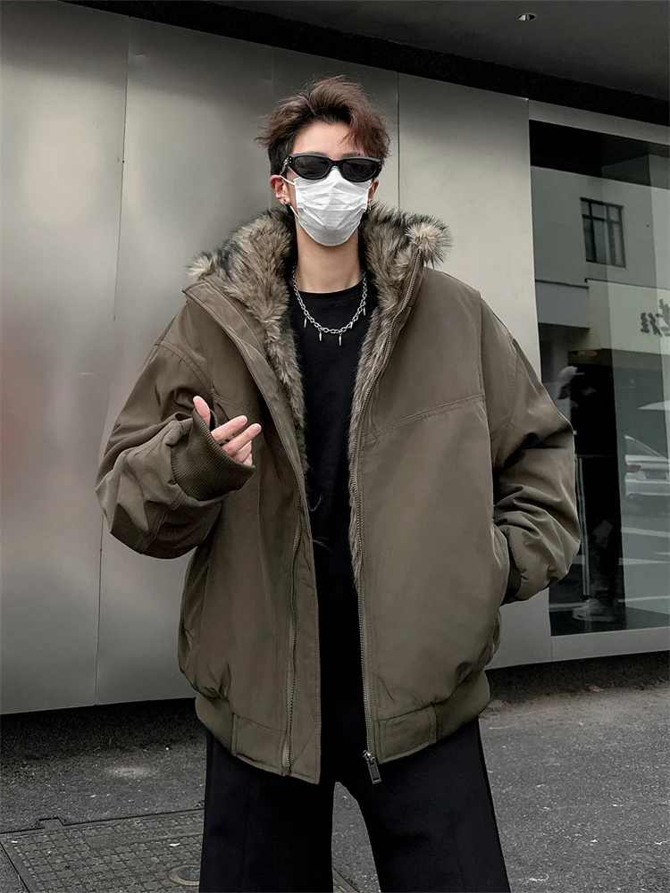 

American Retro Thiened Cotton Jaet Men's Street Sle Loose Warm Fur Collar Coat Youth Casual Winter Outerwear