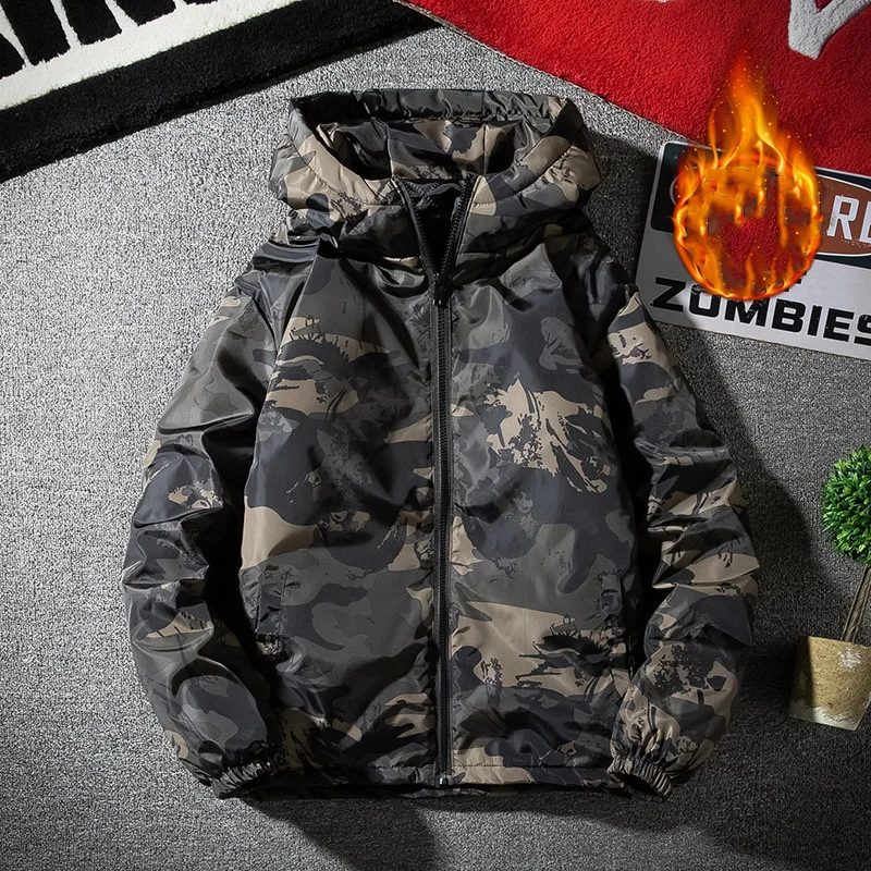 

Autumn Winter Men Jacket Thicken Drawing Printed Male Outerwear Long Sleeve Zipper Hooded Loose Outdoor Man Down Coat