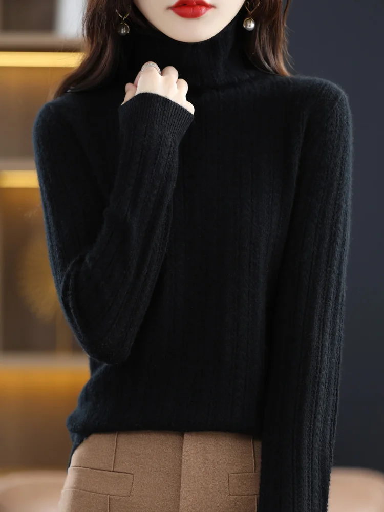 

New Turtleneck Stripe Hollow Out Pullover 100% Merino Wool Women' Solid Color Sweater Autumn Winter Long sleeved Soft Warm Tops