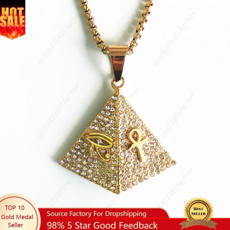 

Egyptian The Eye Of Horus Ankh Cross pyramid full rhinestone Pendant Necklaces For Women Men Key of Life Chain Necklace Jewelry