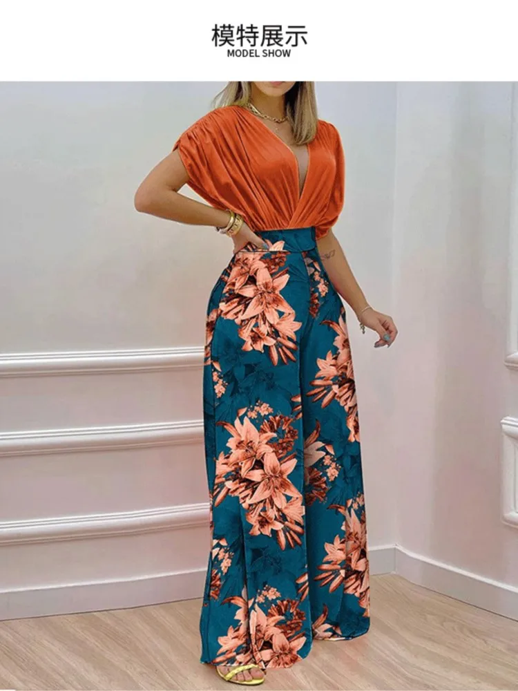 Ladies Fashion V-neck Work Wide Leg Officetrousers Suit 2023 Summer 2 Pieces Set For Women Short Sleeve Top Pleasure Suits