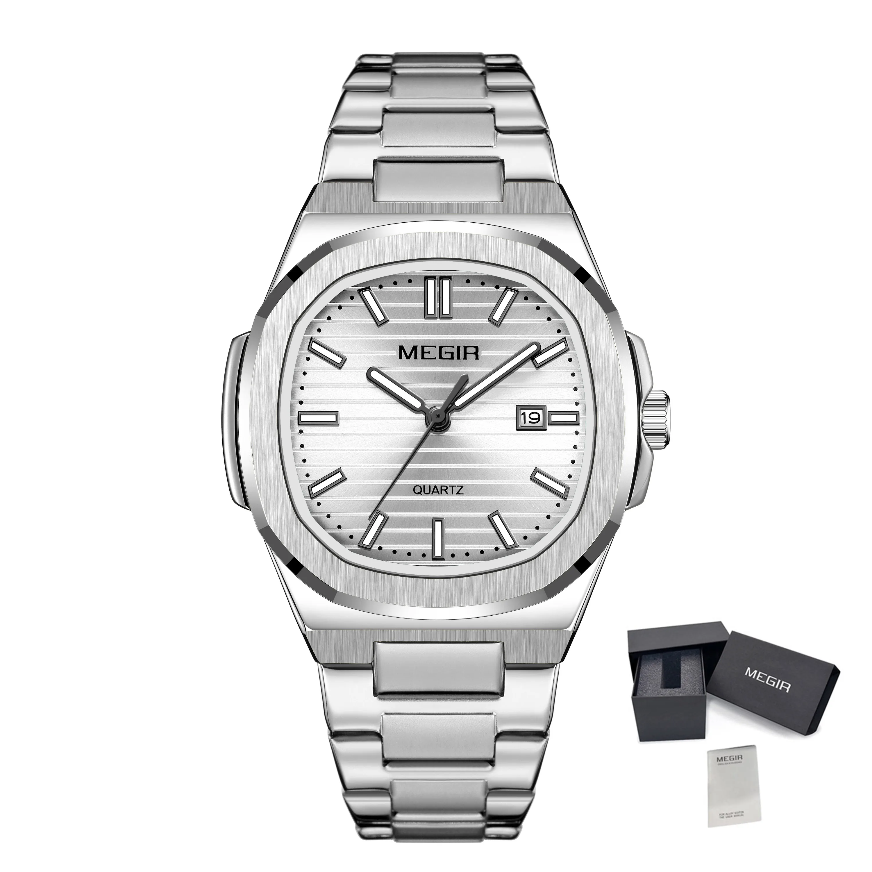 MEGIR Classic Stainless Steel Bracelet Quartz Watch for Men Waterproof Calendar Business Leisure Wristwatch Big Dial Clock 1084