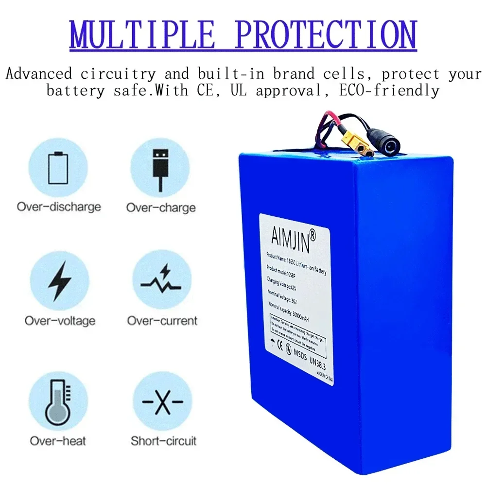 10S8P 36V 30Ah 18650 A-class lithium battery pack, 1500W built-in BMS, suitable for various energy storage backup+42V 2A Charger