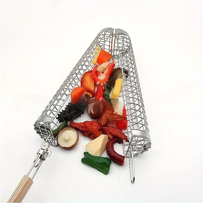 Stainless Steel Rotating Barbecue Cage, Portable Barbecue Net, Grilled Vegetable Meat and Seafood. for Family Friends Gathering