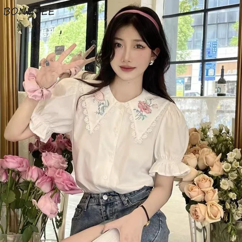 

Peter Pan Collar Shirts Women Flower Embroidery Chic Sweet French Style Vintage Puff Sleeve Ins Loose All-match Fashion Ulzzang