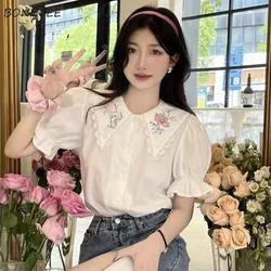 Peter Pan Collar Shirts Women Flower Embroidery Chic Sweet French Style Vintage Puff Sleeve Ins Loose All-match Fashion Ulzzang