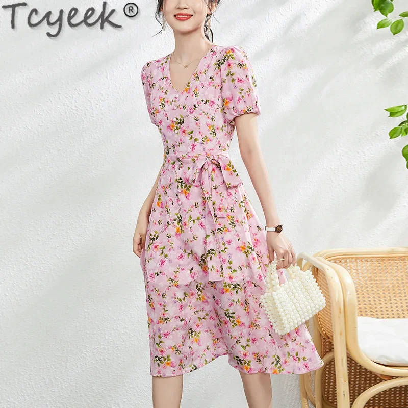 100% tcyeek echte Maul beers eide Kleid Frauen kleider Slim Fit Mode Sommer Schnürung elegante Damen kleider Französisch