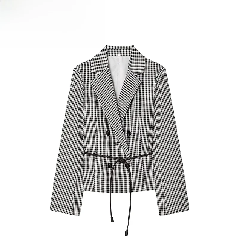 

Модный клетчатый пиджак с поясом, новинка весенней коллекции, женская одежда, бренд ZR ZA, длинный рукав, укороченная длина, полиэстер.
