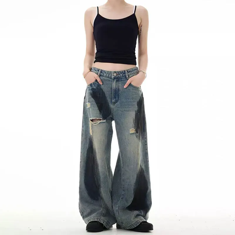 European and American Fashion Splash-ink Ripped Jeans, Women's Spring and Summer Loose Wide-leg Pants, Casual Floor-length Jeans