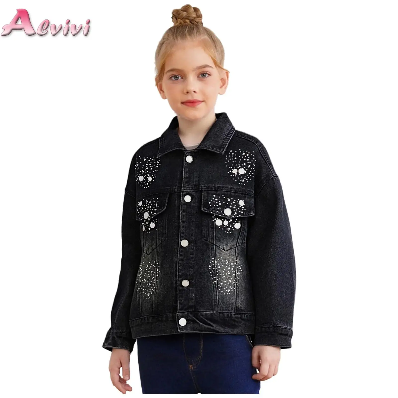 

Kids Girls Shiny Rhinestones Denim Jacket Fashion Turn-Down Collar Long Sleeve Button Coat Outerwear with Flap Pockets Outerwear