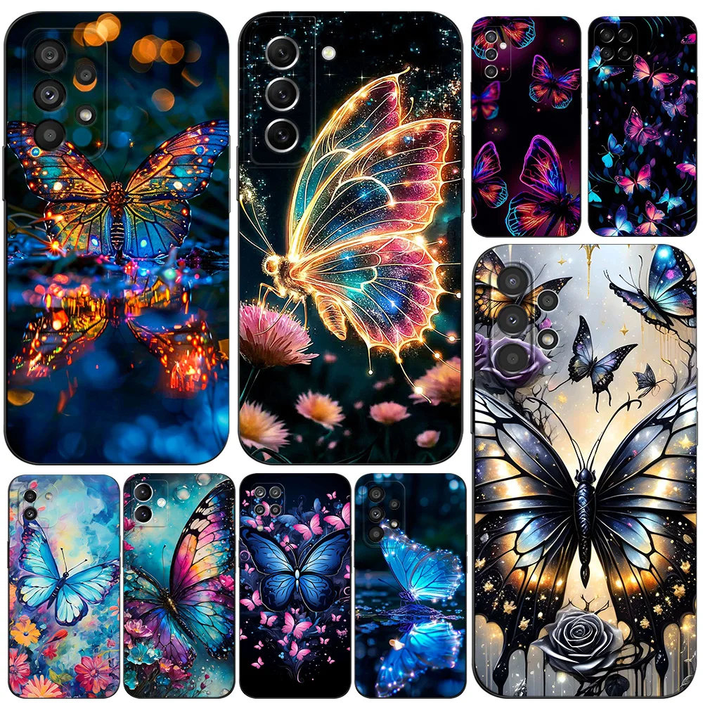 Black Tpu Case For Samsung Galaxy A03 SM-A035 A03 Core A03S A13 A23 LTE A33 A53 A73 4G 5G Butterfly Art