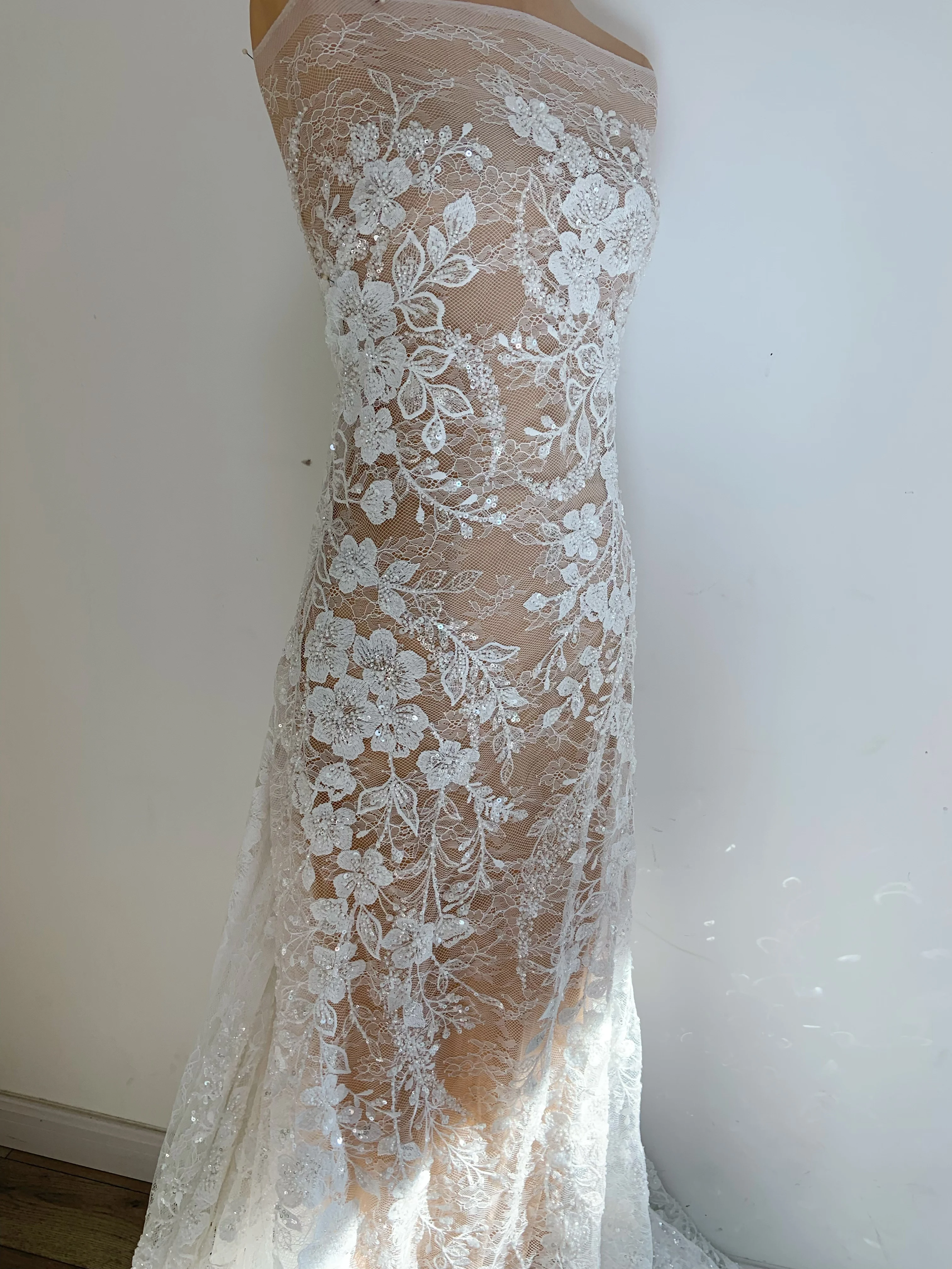 

1 Yard 3D Off White Seed Bead Sequins Flower Tulle Lace Fabric for Wedding Dress,Ball Gown,Party Costume