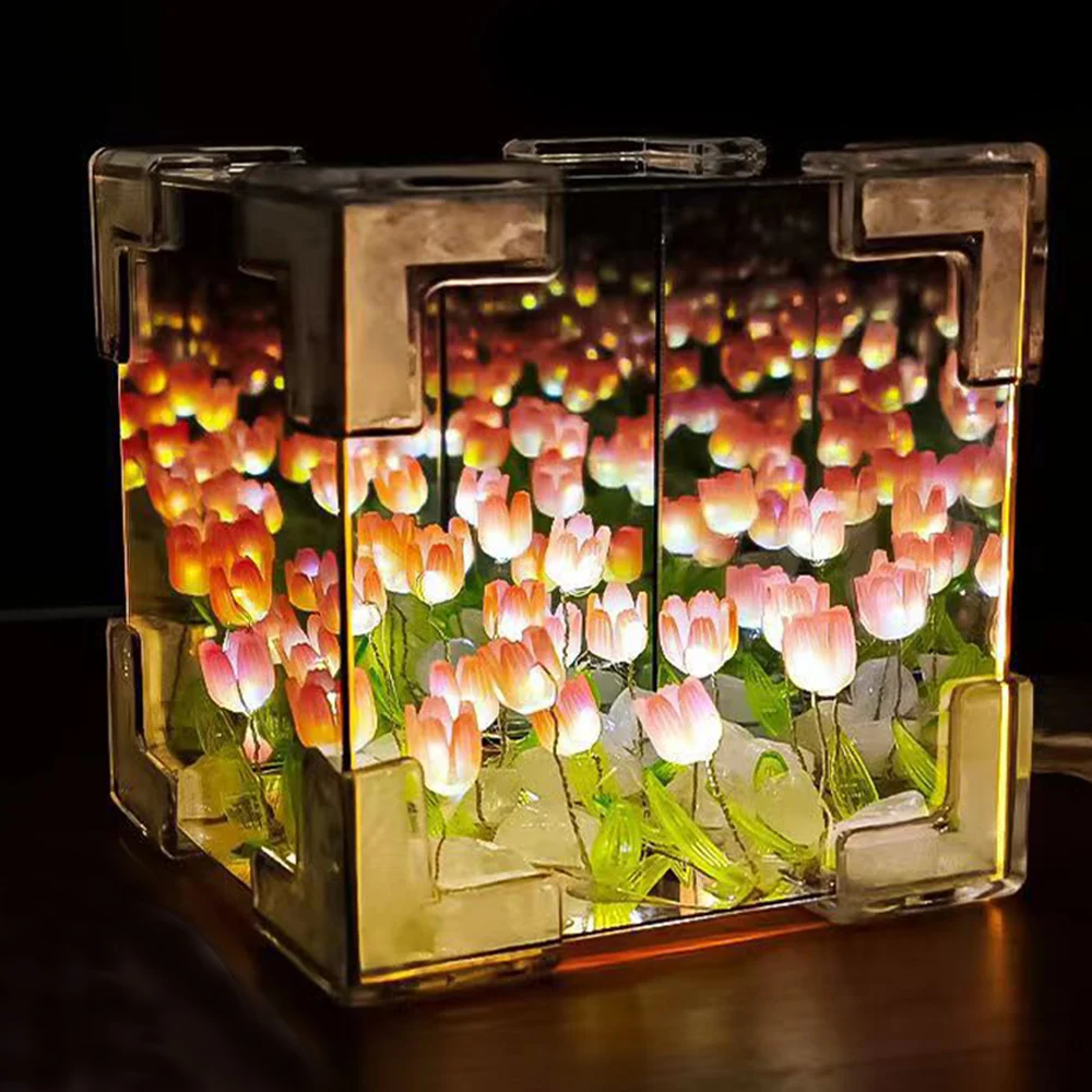 Lámpara de cubo con espejo de tulipán DIY, lámparas de mesa para dormir con flores de simulación para dormitorio, Material de luz nocturna pequeña de tulipán hecho a mano, paquete de regalo