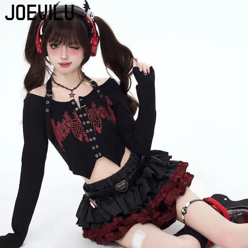JOEVILU Punk Y2K Baddie Set Gonna torta slim fit scura Top corto con scollo all'americana e set da due pezzi Abito da donna di nicchia in stile coreano
