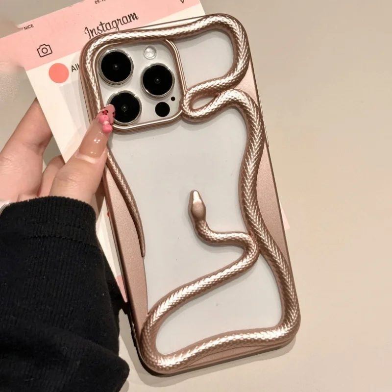 Trendy 3D Snake Hollow Out Plating Soft Phone Case For iPhone 16 15 14 13 12 11 Pro Max Lrregular Protection Back Cover Funda