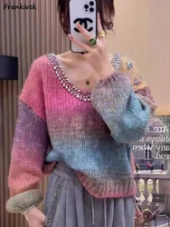 Gradient Color Sweaters Women Diamonds Chic Temperament Slouchy European Style Soft Daily Ladies Pullovers Aesthetic New Stylish