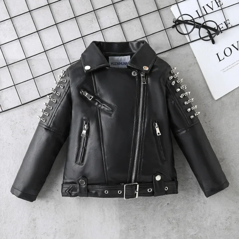 Spring Autumn Performance Motorcycle Black PU Coat Kids Rivet Children's Leather Jackets For Girl Boys Zipper Clothes XMP19