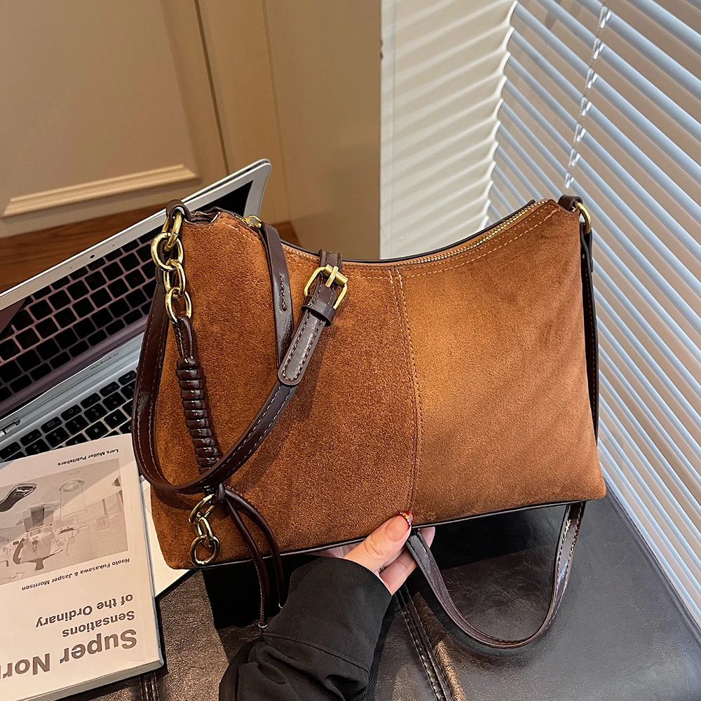 

Light Luxury Vintage Suede Pu Patchwork Crossbody Bag Women's Autumn Winter Designed All-Match One Shoulder Bags Commute Handbag