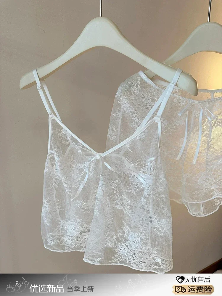 

White Lace Cami Top Shorts Pajama Party Private GF Gifts Lovers V Neck Vocation Holiday