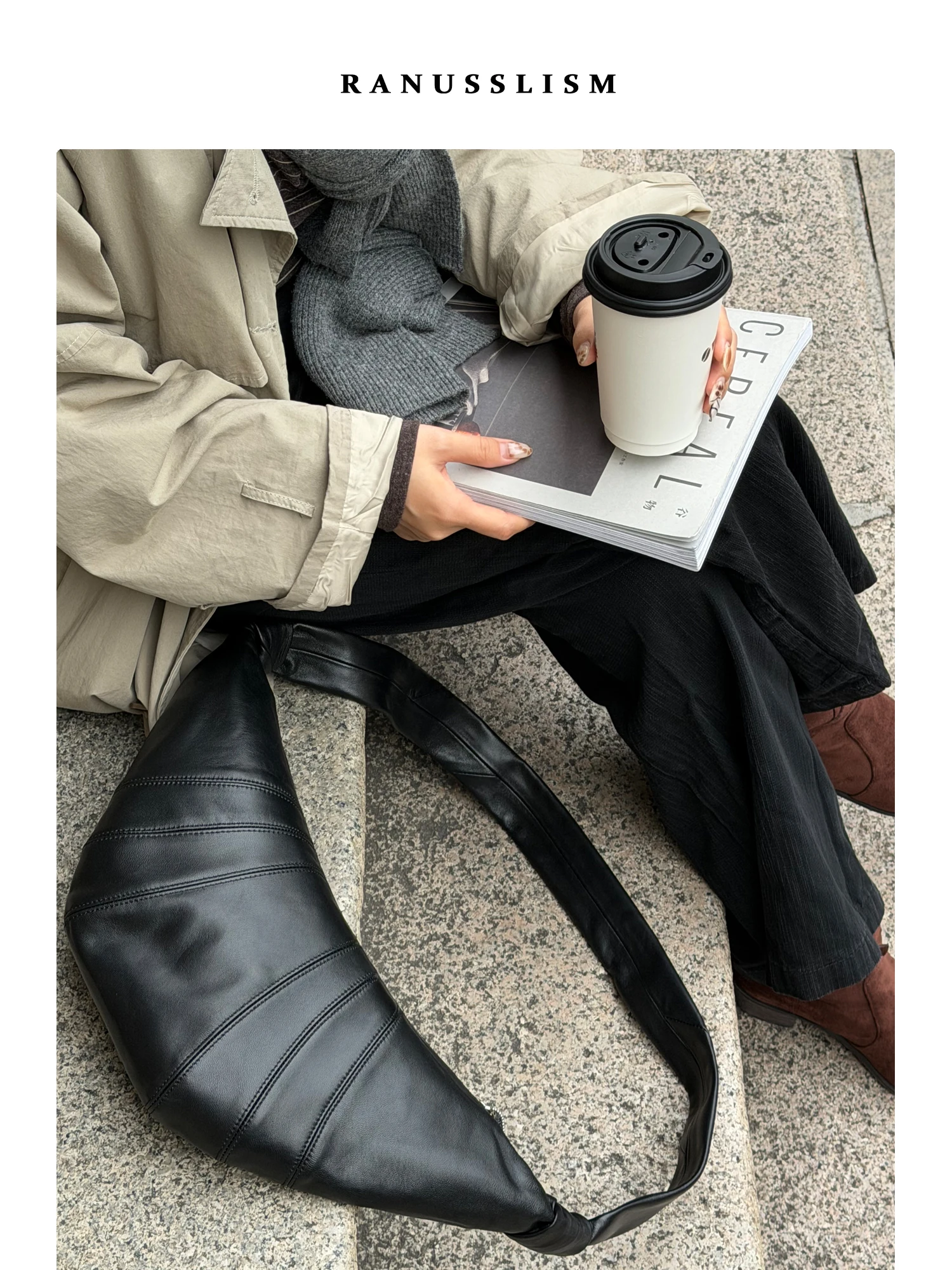 

RANU Tannery Cowhide Leather Moon Tooth Bag Large Capaci Faionable Crossbody Women's Bag Casual Simple Sle Dumpling ape