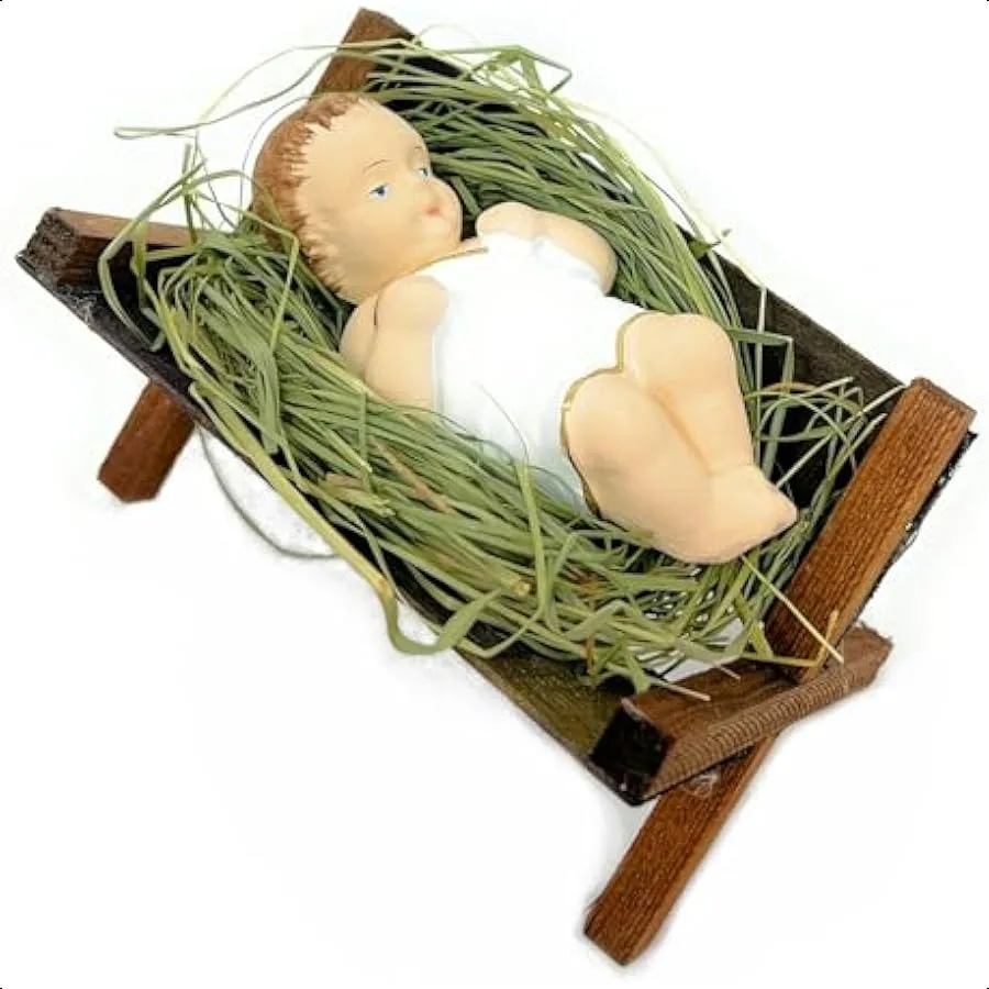 

Baby Jesus in Wooden Manger Laying on Natural Hay Small 4inch Nativity Figurine