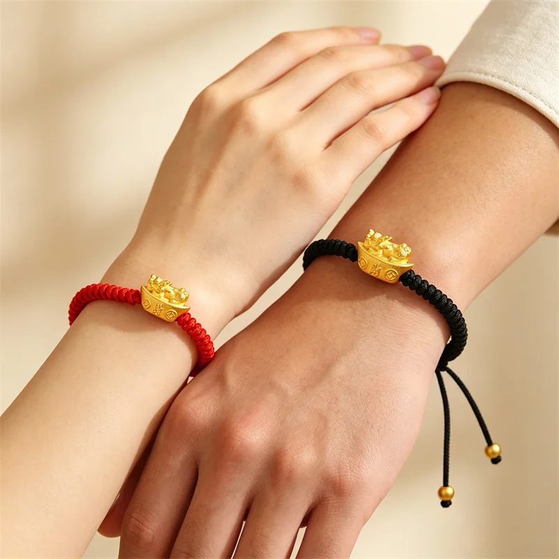 Lucky Wealth Pixiu Ingot Bracelet AU999 24K Gold Charm Braided Red Black Rope Adjustable Couple Bangle Jewelry