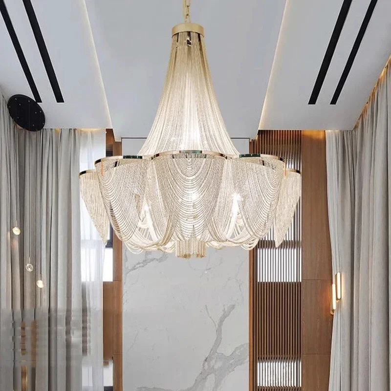 Postmodern Silver/gold Chain Tassel Chandelier - Luxury Led Dimmable Lighting For Living Room Villa & Home Decoration