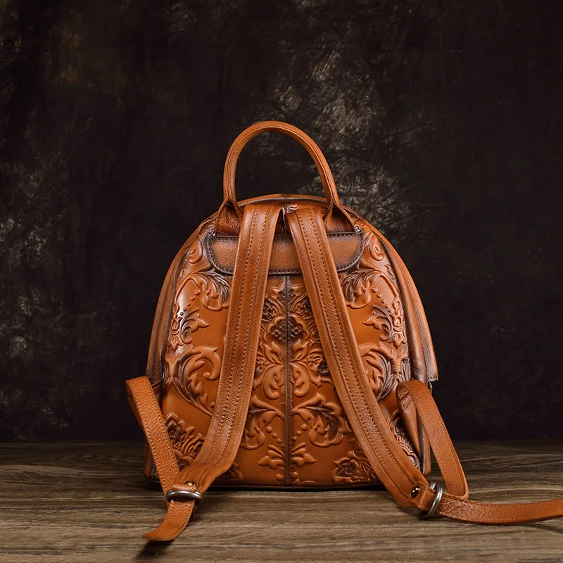 Genuine leather backpack Women top layer cowhide handmade bag Embossed small backpack Retro travel bag Leisure women bag