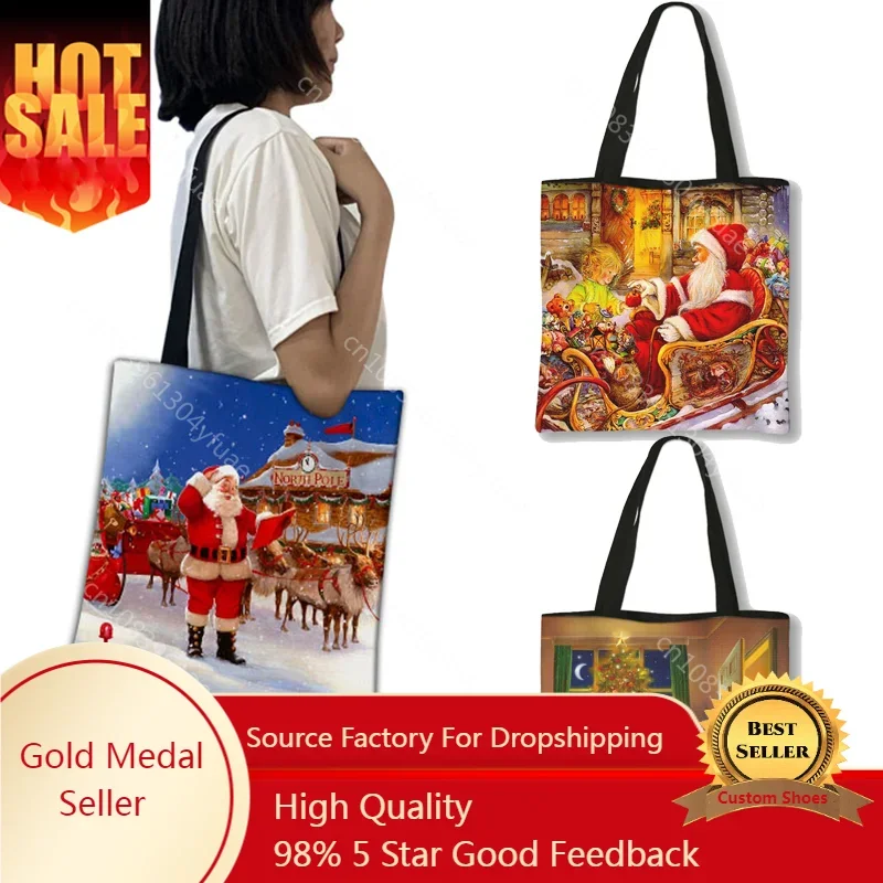 Christmas Gift Tote Bags Merry Christmas Tree Printed  Shopping Bags 2022 New Year Present Candy Packaging Bagsa Girls Handbags