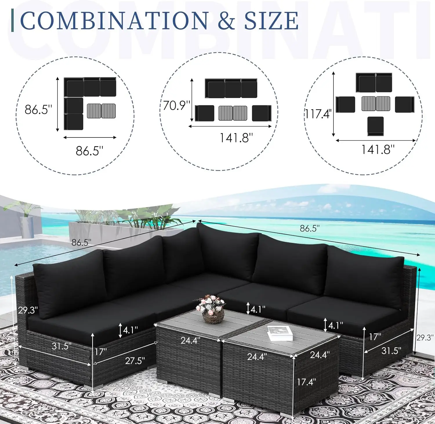 Large Size PE Rattan Outdoor Patio Furniture Sectional Sofa Sets with Side Tables Wicker Conversation Sets