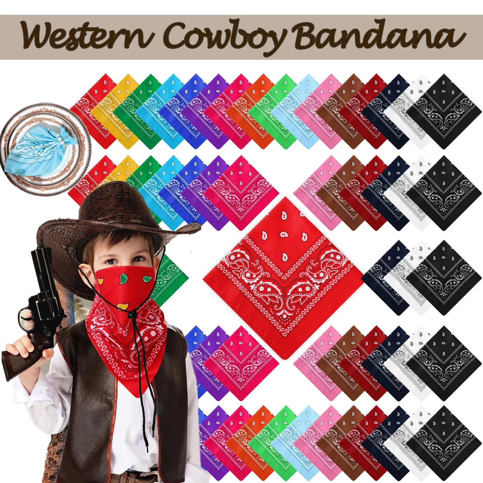 24-200PCS Paisley Bandanas Bulk Western Bandana Cowboy Handkerchief Polyester Bandanas for Men Women Western Party Costume