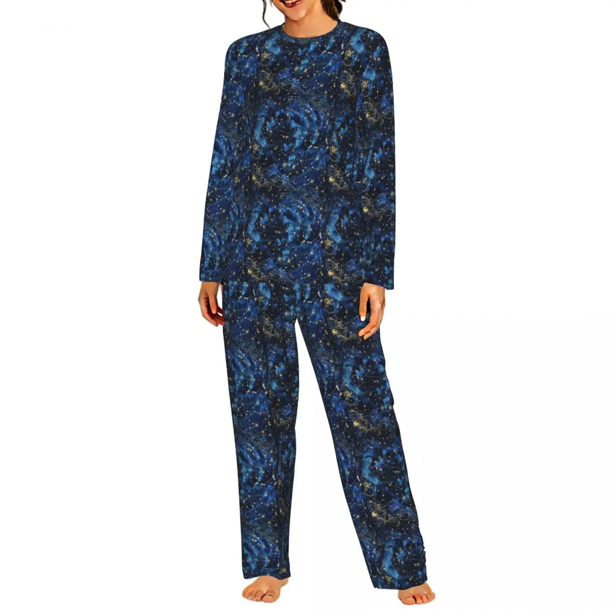 Vintage Astronomy Celestial Bodies Round Neck Long Sleeve Nightgowns for Sleeping Sleepshirts Women Soft Pajama Set Long Pants