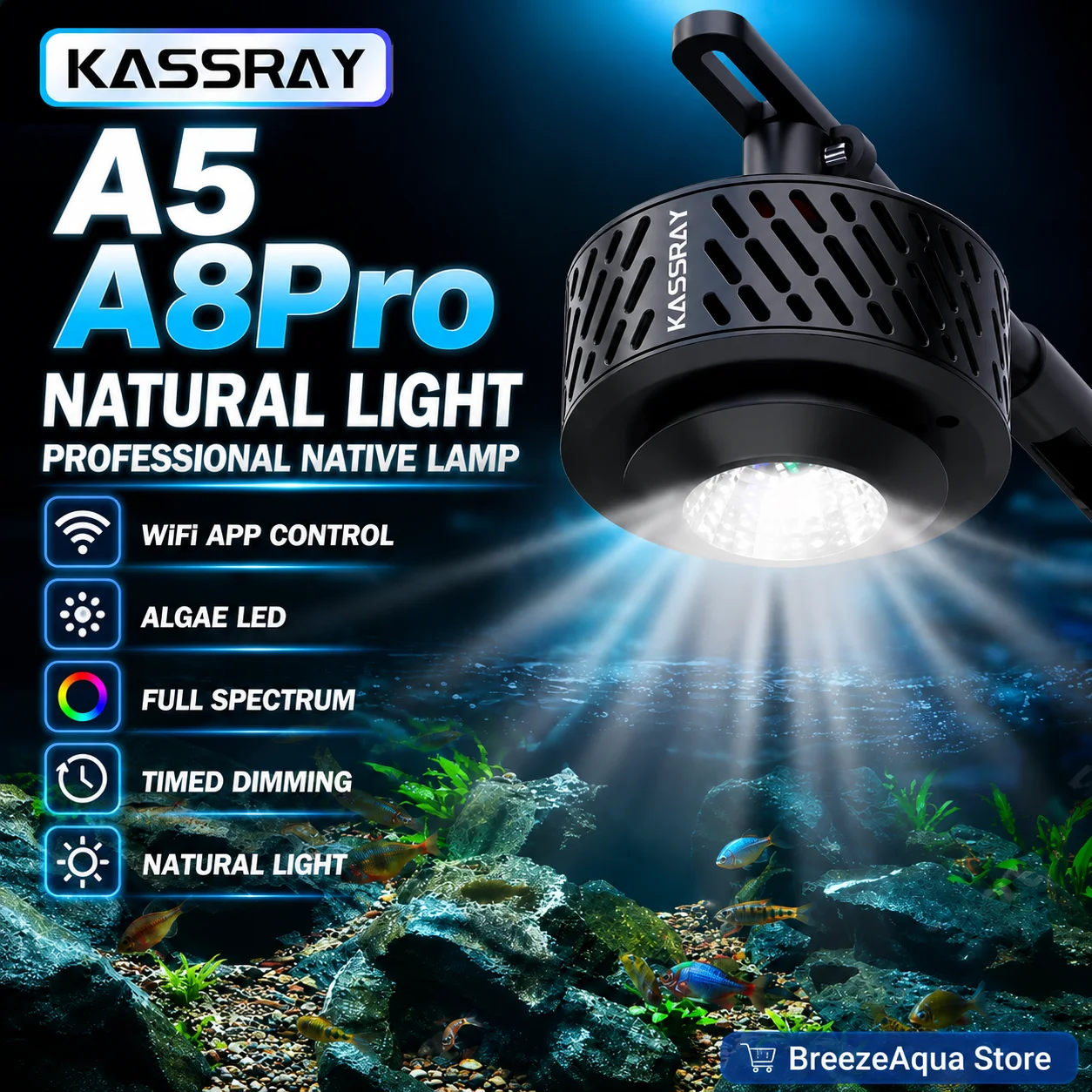 KASSRAY A5 A8Pro Aquarium LED Light Full Spectrum Plant Light WiFi APP Control Timer Dimming Freshwater Planted Tank