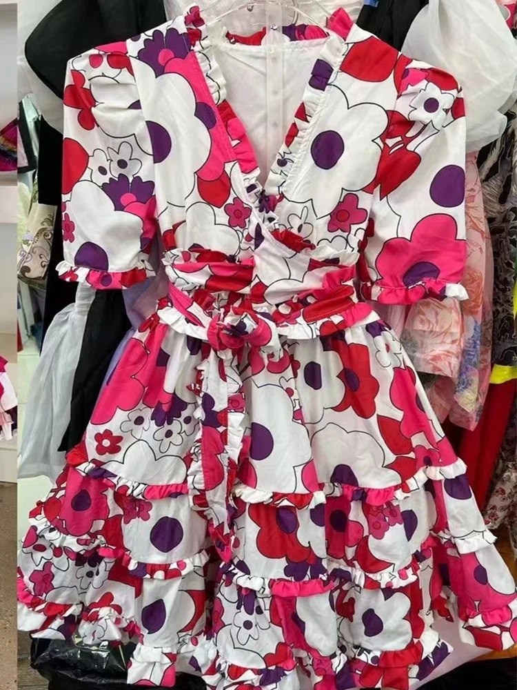 Retro Luxus Sommer Frauen neues Design Druck V-Ausschnitt kurz ärmel ige Schnür Taille Kleid Nähte Holz Ohr Schaukel Minirock.