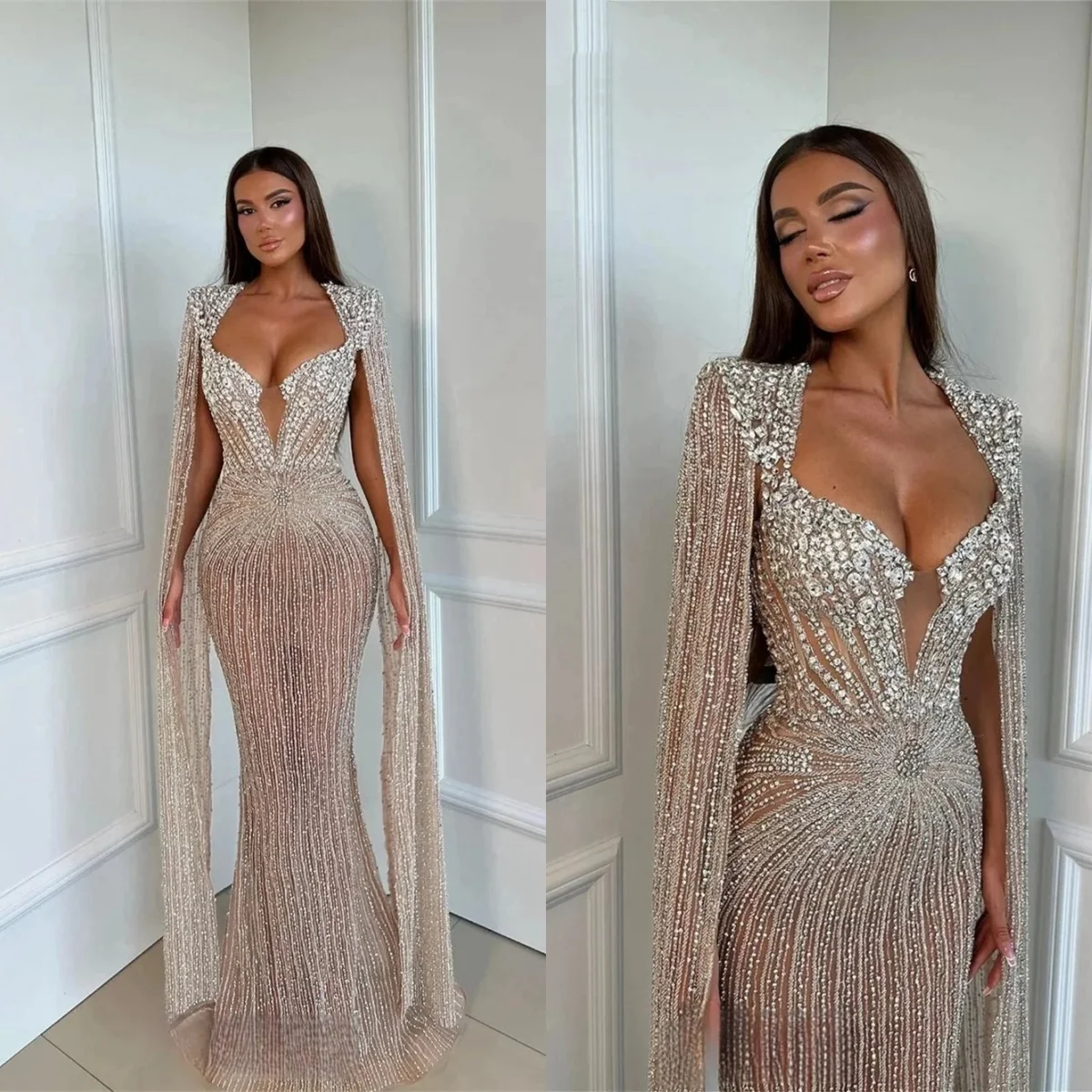 Luxury Evening Dresses For Women Sequins Crystal Gown Sweetheart Neck Long Sleeves Sweep Train Dress Party Custom Made