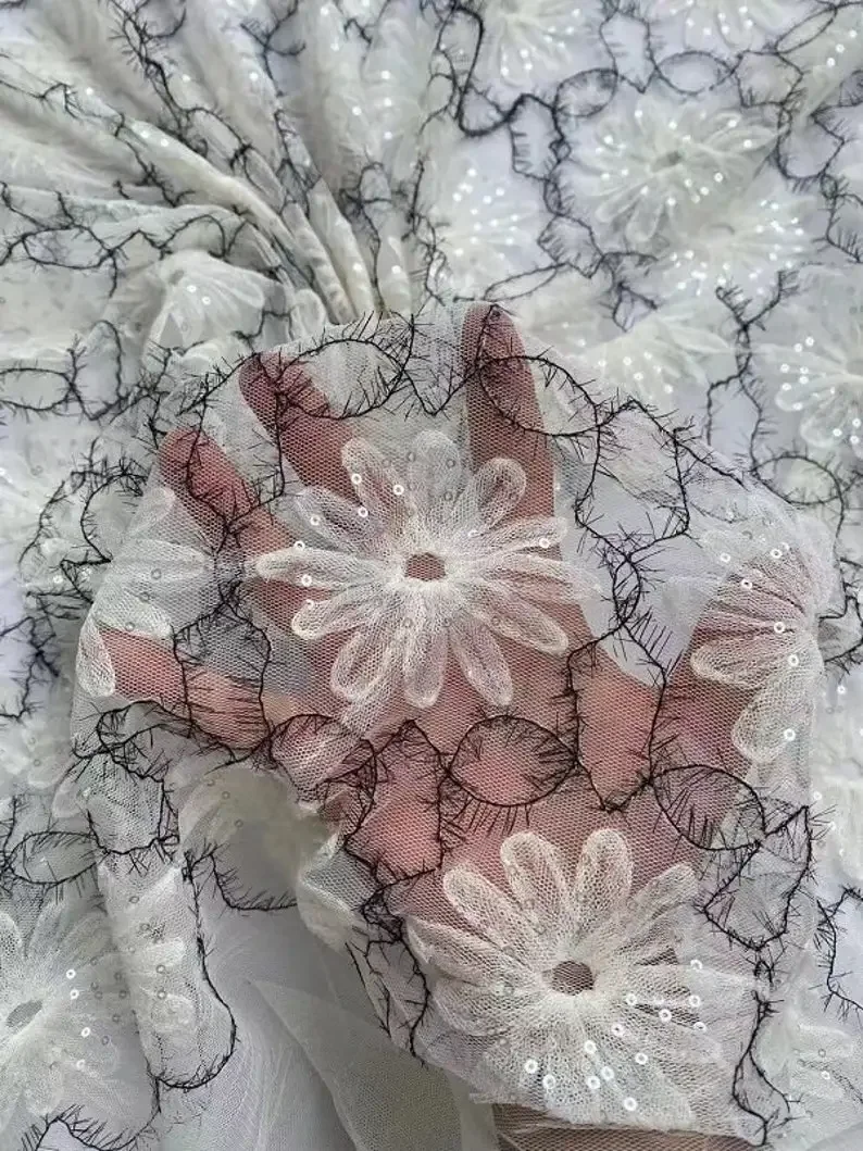 

3 colors Sequin 3D flower Embroidery Lace Fabric Floral tulle For Bridal Wedding Headband 51" width