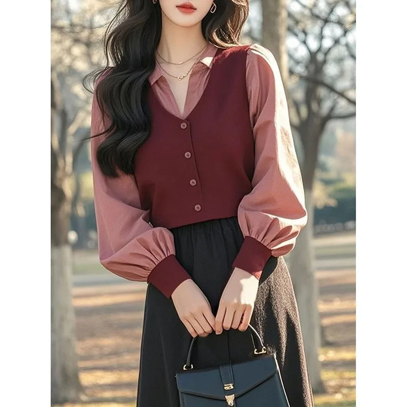 

Модные рубашки из двух предметов с лацканами, женская одежда, осень 2023, новые свободные шикарные топы с длинными рукавами, офисные женские блузки