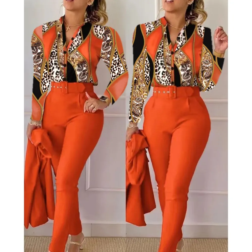 Fashion Printed Long Sleeved Shirt Women Suit Spring Autumn Slim Fit Shirtlace Up Pencil Pants Elegant Female Office 2 Piece Set