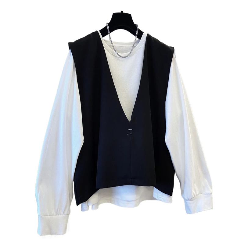 SuperAen Spring New Women's Oversized Pullover White Long-sleeved T-shirt Design Loose-fitting Sleeveless Tops Sets view 5