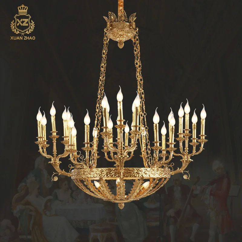 XUANZHAO สไตล์ฝรั่งเศสโคมระย้าทองแดง Palace บันไดโคมไฟ Luxury Villa Club Hall ทองแดงเทียนโคมระย้า