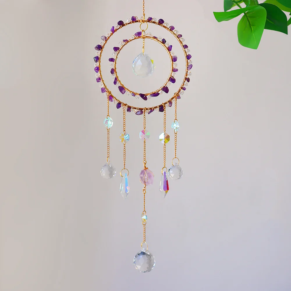 Custom Amethyst Chip Stone Double Circle Sun Catcher - Glass Pendants Hanging Ornament for Window Decor