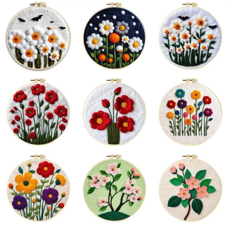 

CHENISTORY DIY Wool Felting Painting With Embroidery Frame 20x20cm Flowers Needle Wool Painting Picture For DIY Gift Home Decor