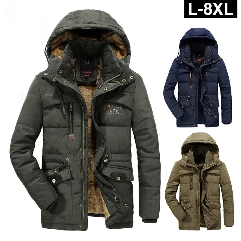 Thick Warm Winter Parka Men Fleece Hooded Mens Winter Outdoor Coat Military Fur Cargo Jackets Mens Overcoat velvet Streetwear