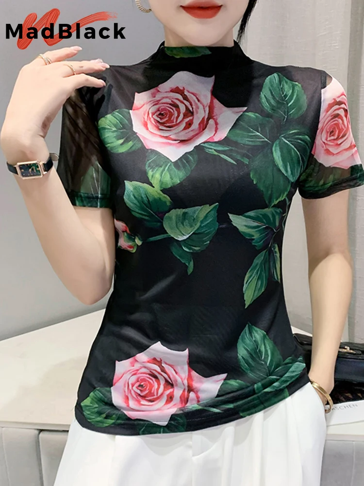 

MadBlack Summer European Clothes Mesh Thin T-Shirt Chic Sexy Mock Neck Print Rose Women Tops Short Sleeve Patchwork Tees T27015L